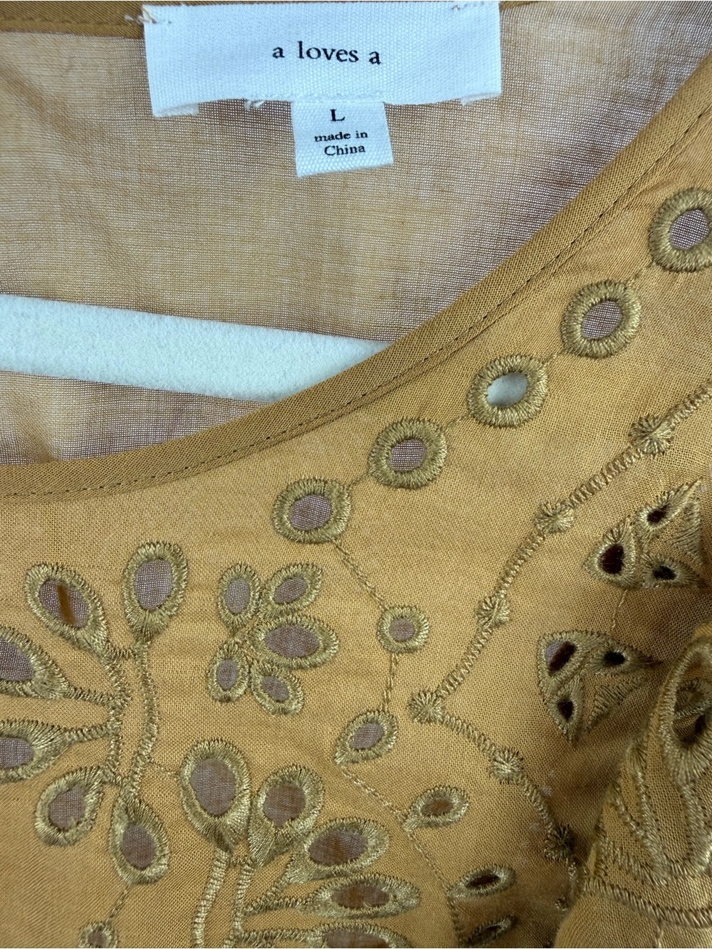 A Loves A Mustard Eyelet Embroidered Ruffle Boho Peasant Top Large Cotton - Picture 4 of 6